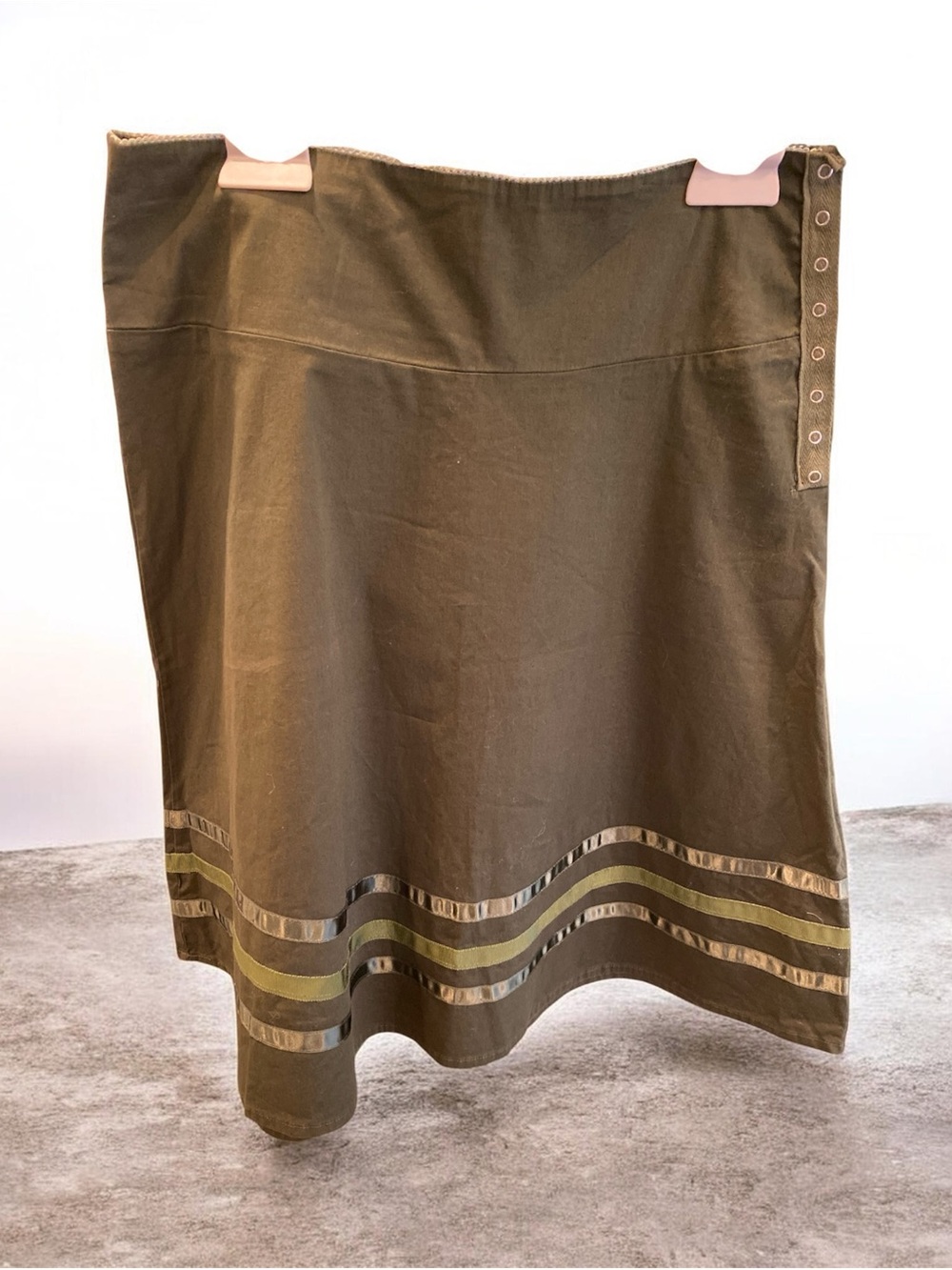 Charlotte Tarantola Vintage Olive Green A-Line Skirt with Striped Ribbon Hem